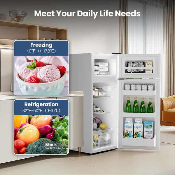 Small refrigerator with open door displaying food items in a kitchen setting, with text about freezing and refrigeration.