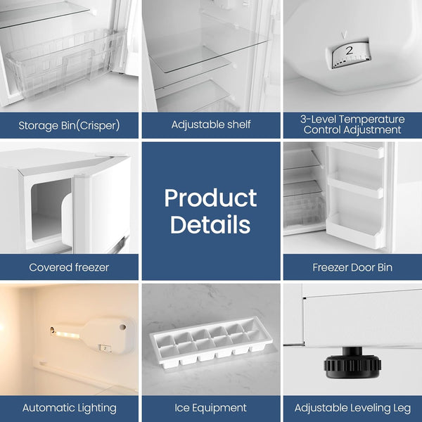 Collage of a refrigerator's features with labels on a white background