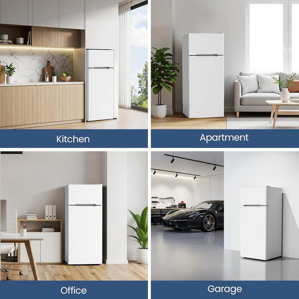 White refrigerator shown in various settings: kitchen, apartment, office, and garage.