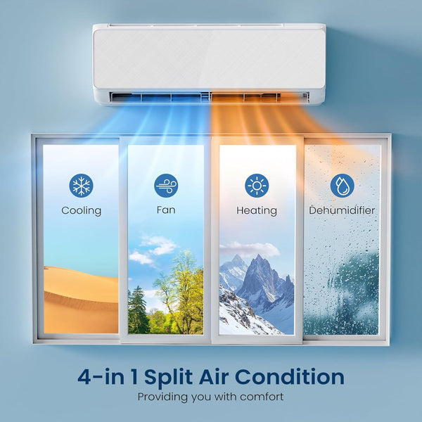 4-in-1 split air conditioner with icons and scenes on a blue background