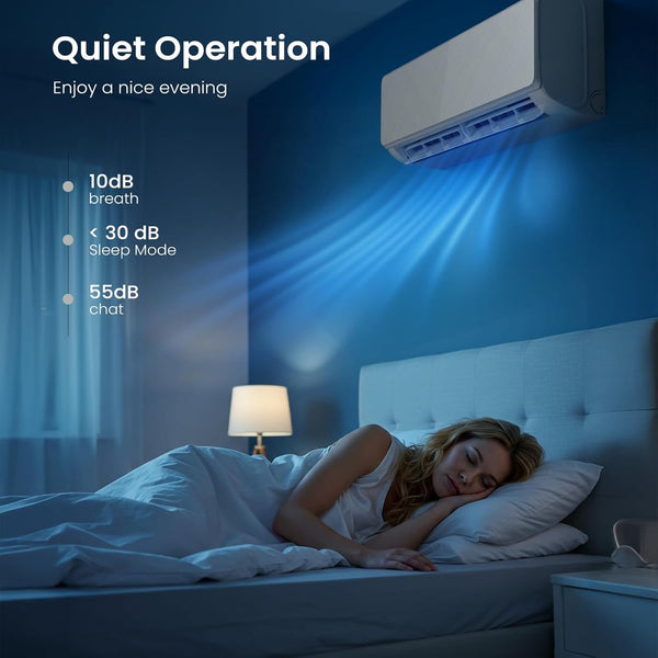 Woman sleeping in a bedroom with a air conditioner labeled 'Quiet Operation'.