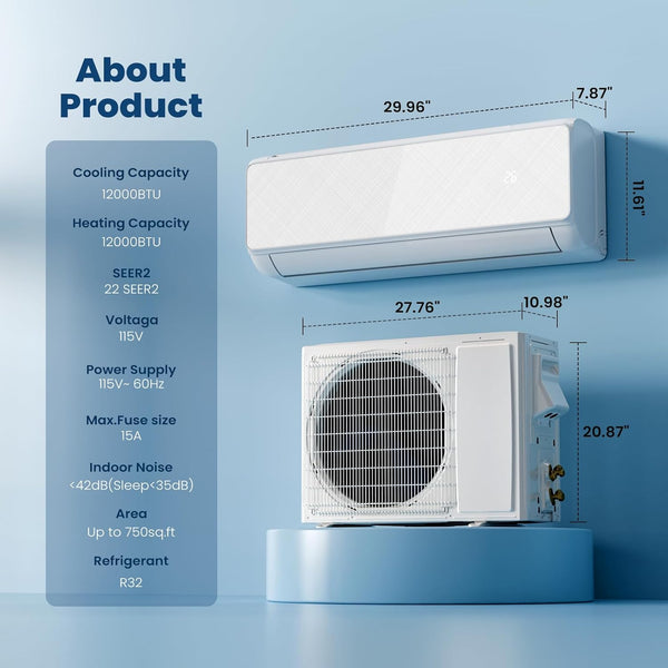 Air conditioning unit with dimensions and specifications on a blue background