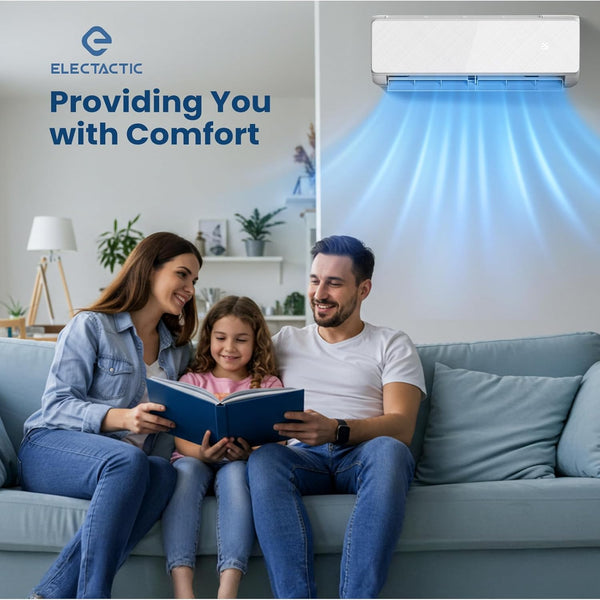 Family reading together on a couch with an air conditioner providing comfort.