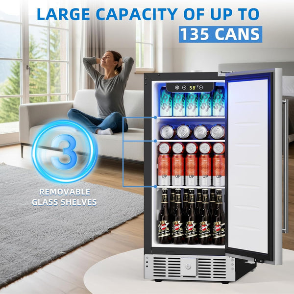 Beverage cooler with large capacity for up to 135 cans, featuring three removable glass shelves, in a home setting.