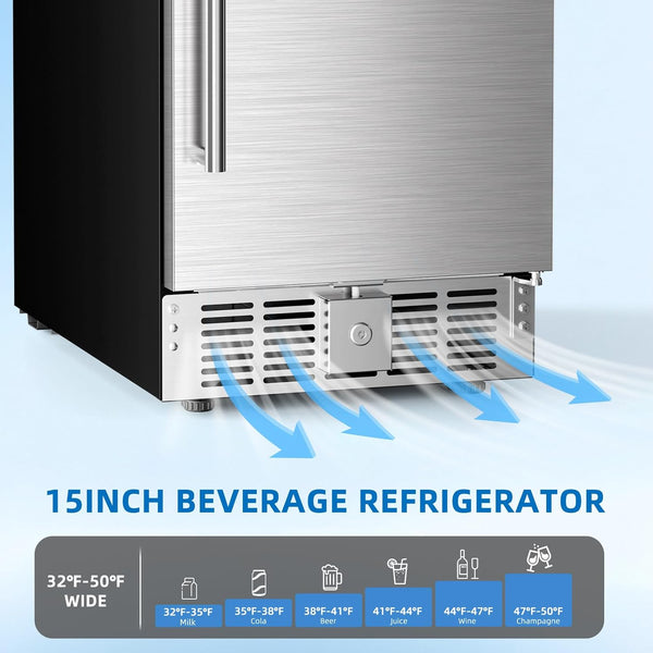 15-inch beverage refrigerator with temperature display on a light blue background