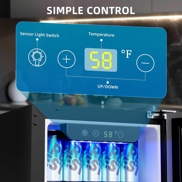 Control panel of a refrigerator with digital display and temperature control buttons.