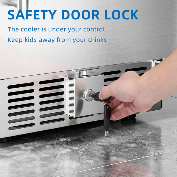 Hand using a key to unlock a safety door lock on a cooler.