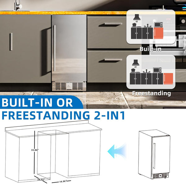 Kitchen refrigerator with built-in and freestanding options, showing dimensions and layout.