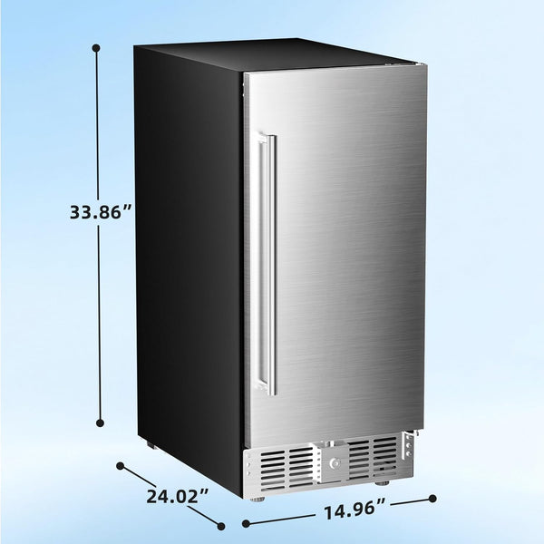 Stainless steel outdoor refrigerator with dimensions indicated on a light blue background