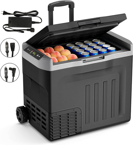 Portable refrigerator with wheels containing fruits and drinks, with power cables on a white background