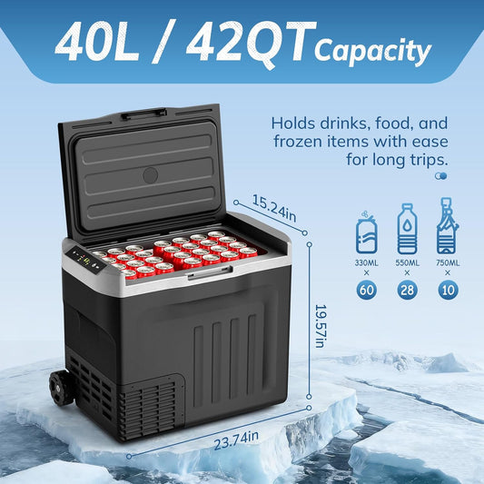 Portable cooler with 40L/42QT capacity, filled with drinks, on a icy background.
