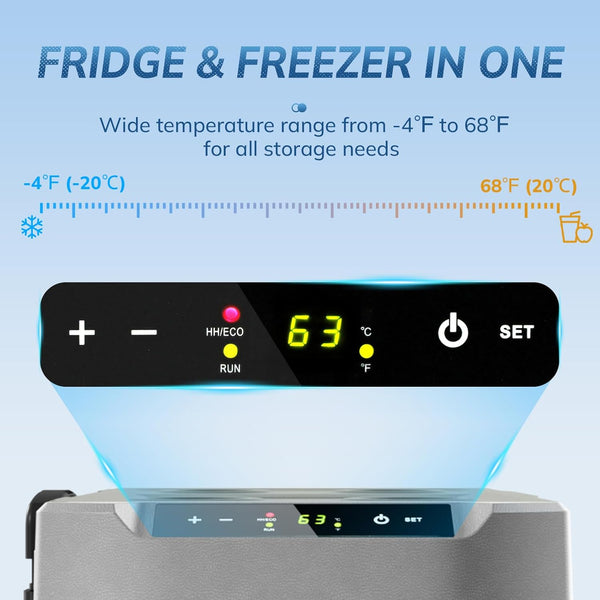 Multifunctional refrigerator freezer with digital display on a light blue background