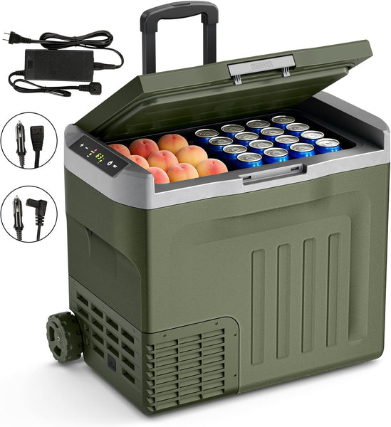 Portable refrigerator with wheels, power cables, and food items on a white background