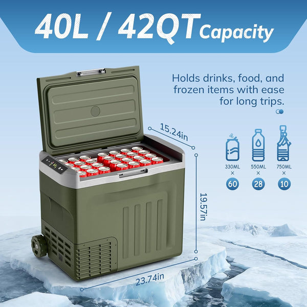 Green cooler box with 40L/42QT capacity, filled with drinks, on a icy background.