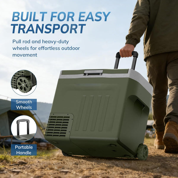 Person pulling a portable cooler with wheels and handle on a camping site