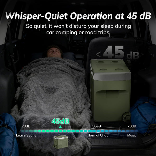 Person sleeping in a car with a green noise machine labeled '45 dB' next to them, indicating whisper-quiet operation.