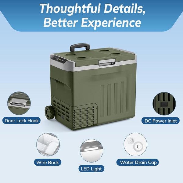 Green cooler box with features highlighted on a blue background
