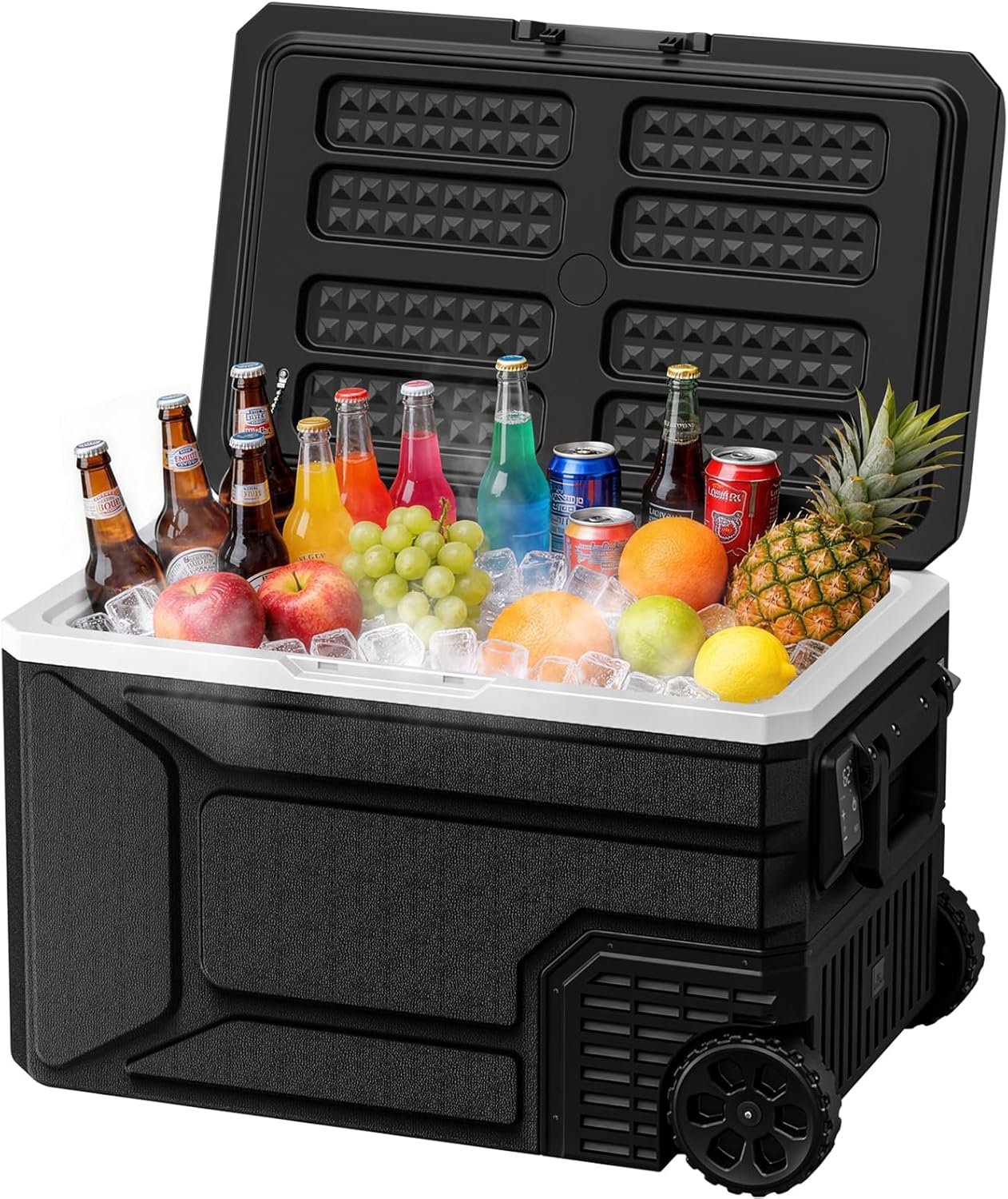 Black cooler box with drinks and fruits on a white background