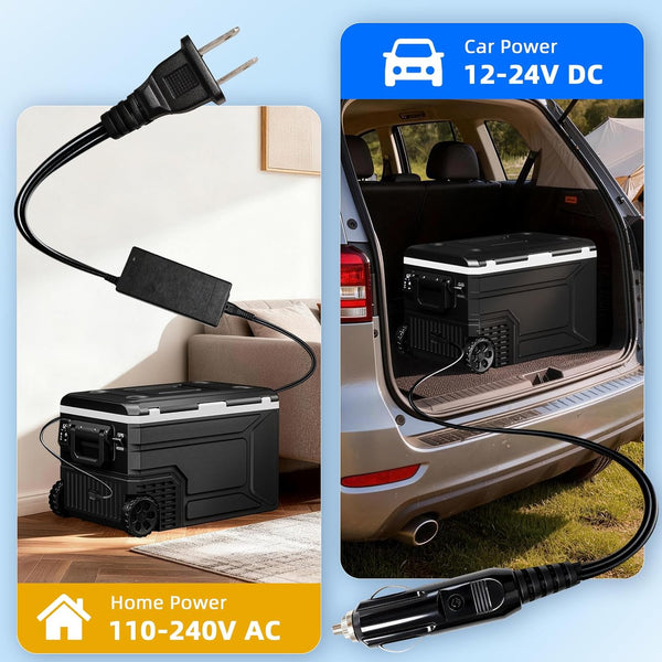 Black power adapter with cable on a white background and in a car's open trunk.