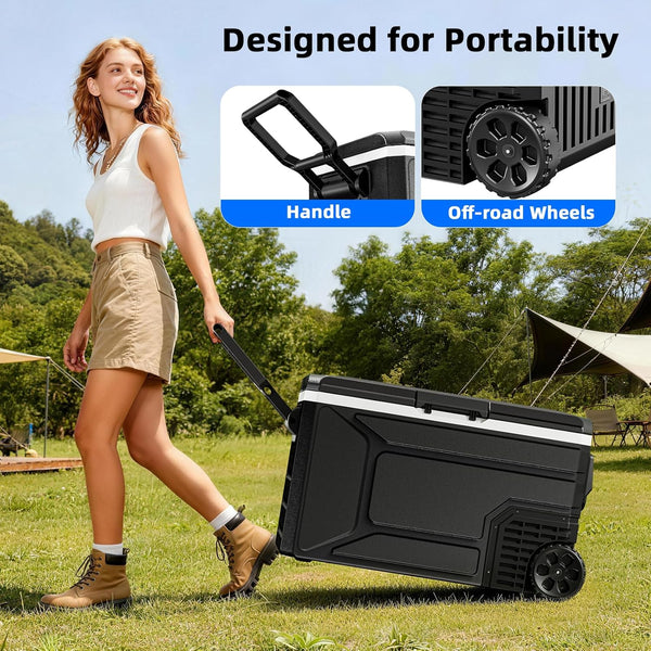 Woman pushing a portable cooler with wheels in an outdoor setting