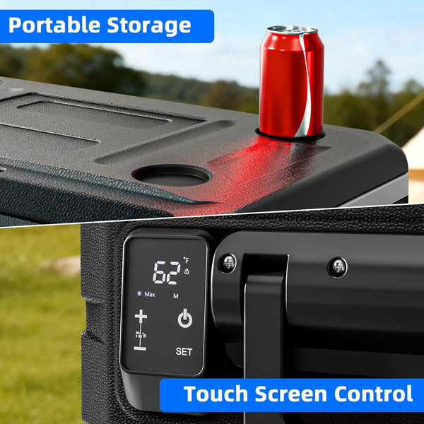 Portable storage unit with touch screen control panel and red can on top, outdoors.