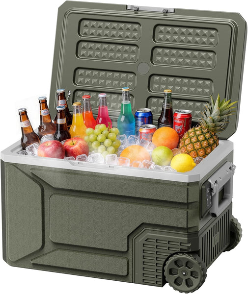 Green cooler box with drinks and fruits on a white background