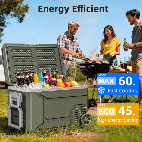 Green cooler box with drinks and grill setup outdoors, featuring energy efficiency text.