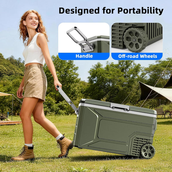 Woman pushing a portable cooler with wheels in an outdoor setting
