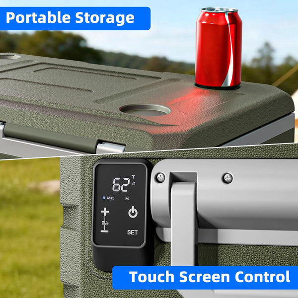 Green portable storage cooler with touch screen control panel and red can on top, outdoors.