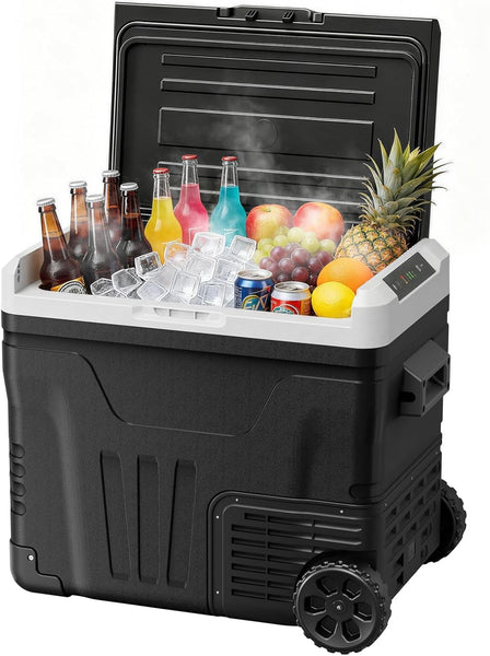 Black cooler box with wheels filled with drinks, fruits, and ice on a white background