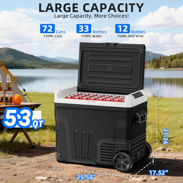 Black and white cooler box with capacity details in a scenic outdoor setting