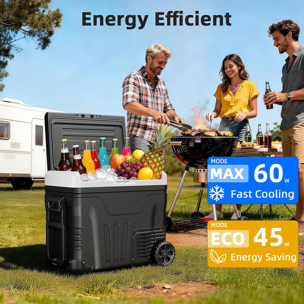 Cooler box with energy efficiency features displayed outdoors with people grilling.
