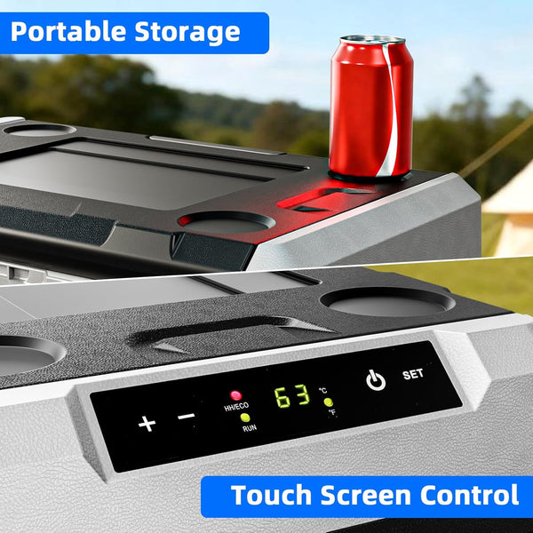 Portable storage unit with touch screen control panel and a red can on top, outdoors.