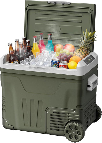 Green cooler box with wheels filled with drinks and fruits on a white background