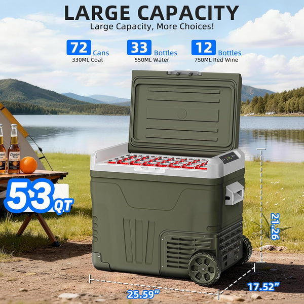 Green cooler box with drink items on a camping scene, highlighting its large capacity.