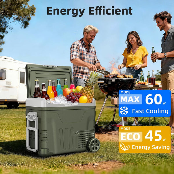 People grilling outdoors with a cooler box and energy efficiency labels displayed.