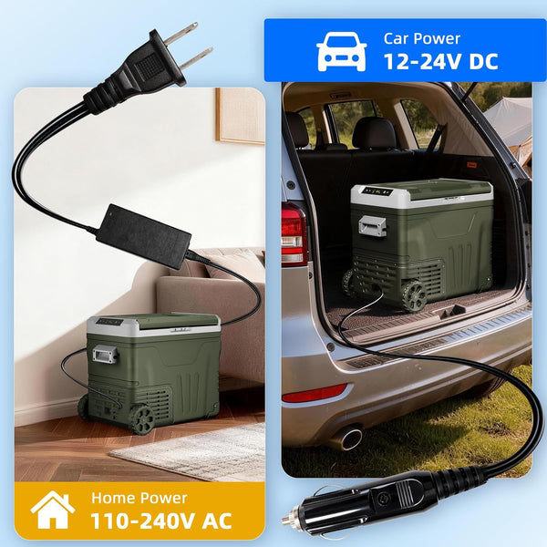 Portable cooler with power adapter for home and car use