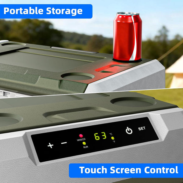 Portable storage unit with a red can on top and touch screen control panel.