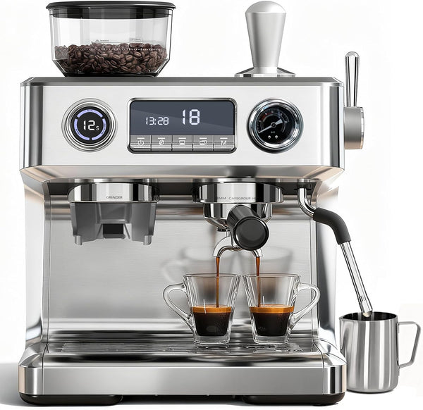 Stainless steel espresso machine with two cups of coffee and a container of coffee beans.