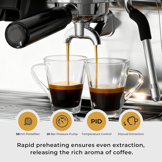 Espresso machine pouring coffee into two glasses with feature icons and text below.