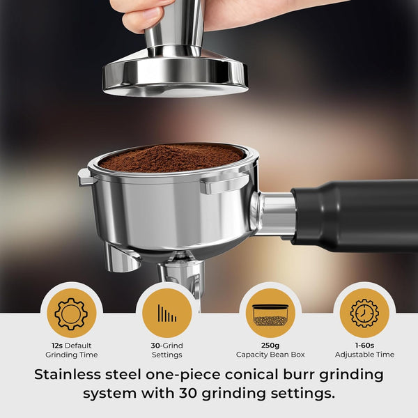 Stainless steel espresso grinder with coffee beans, featuring text about its features.