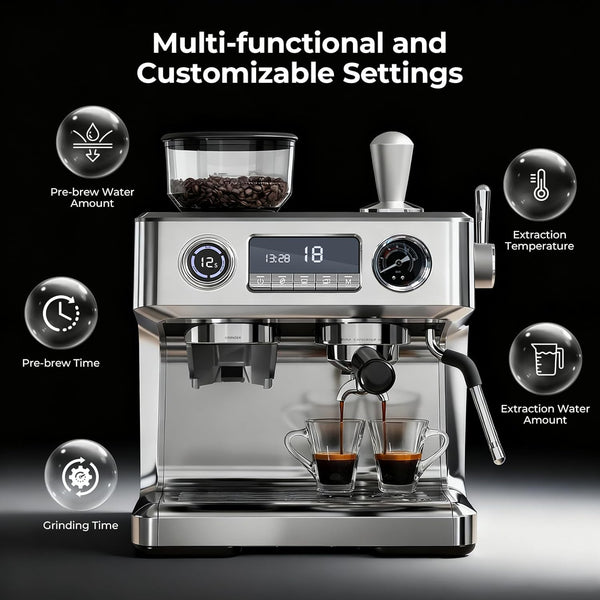 Espresso machine with customizable settings on a dark background