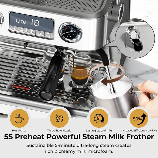 Espresso machine with steam milk frother attachment in action, featuring text about its features.
