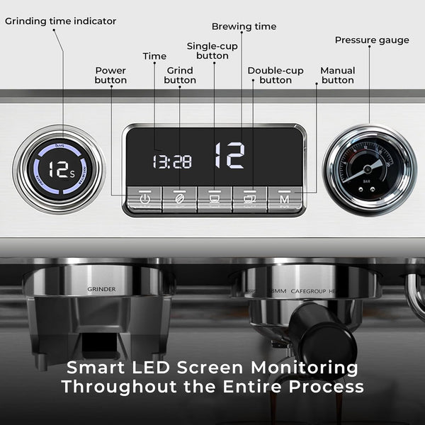 Coffee machine with digital display and control buttons labeled, highlighting smart LED screen monitoring.