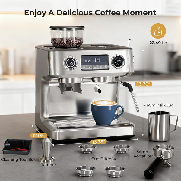 Espresso machine with accessories on a countertop, featuring a cup of coffee.