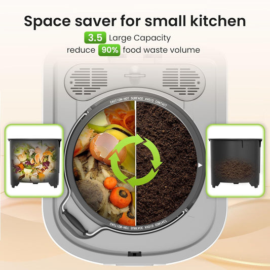 Composting bin with food waste reduction features on a light background