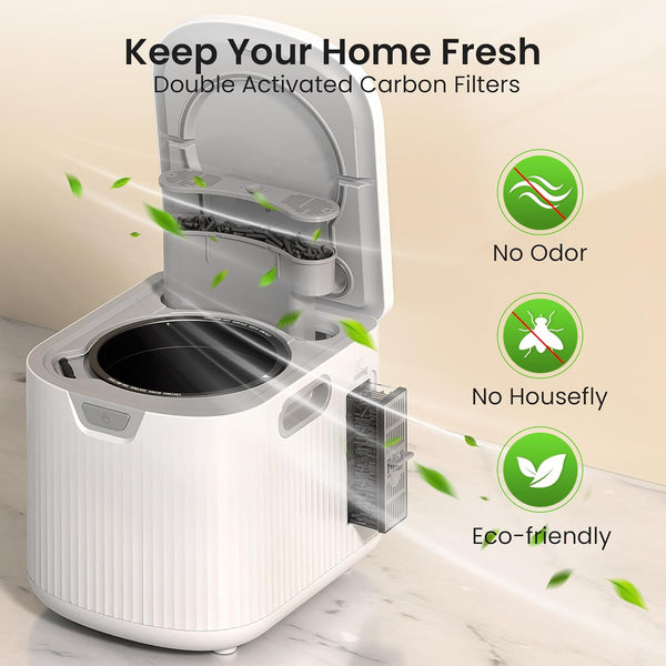 White trash bin with carbon filter system on a marble surface, featuring text and icons about odor control, fly prevention, and eco-friendliness.