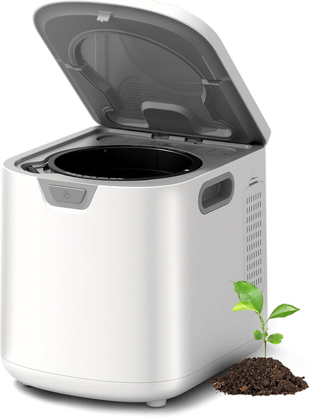 White compost bin with an open lid on a white background, featuring a small plant and soil.