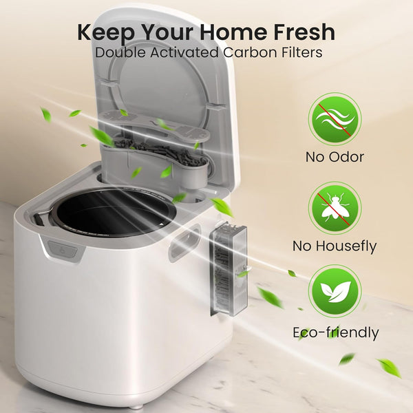 White and gray air purifier with carbon filters on a beige background, featuring icons for no odor, no housefly, and eco-friendly.