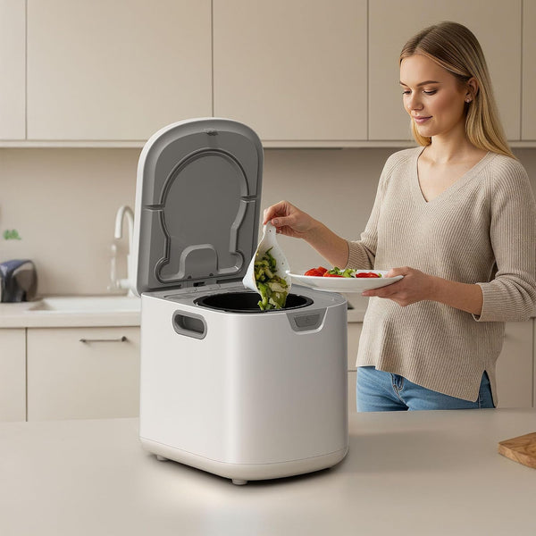 Person disposing food waste into a kitchen compost bin in a modern 